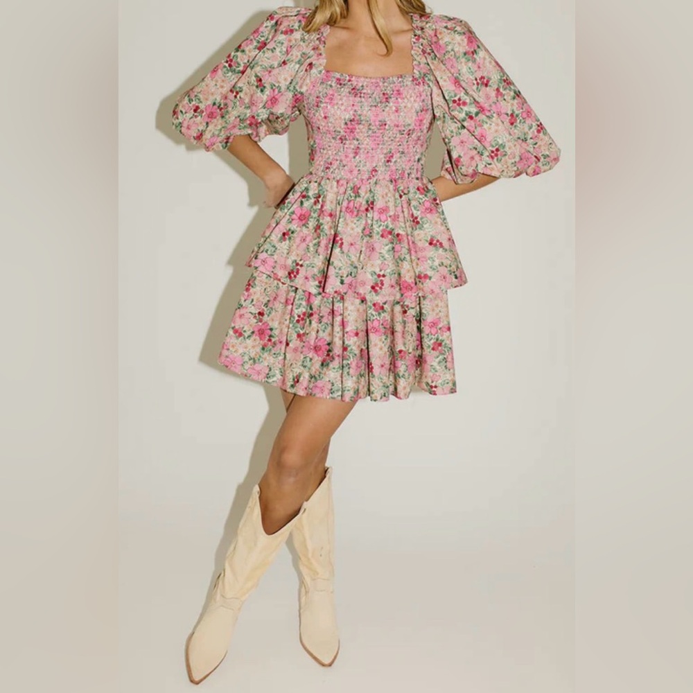 Zoco Floral Puff Sleeve Mini Dress With Smocked Bodice and Tiered Ruffle Skirt L